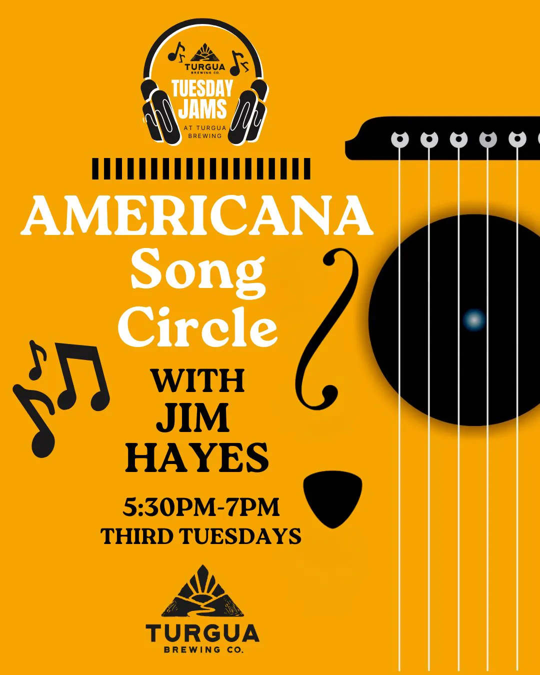 Poster for Tuesday JAMS: Americana Song Circle with Jim Hayes. 5:30PM
