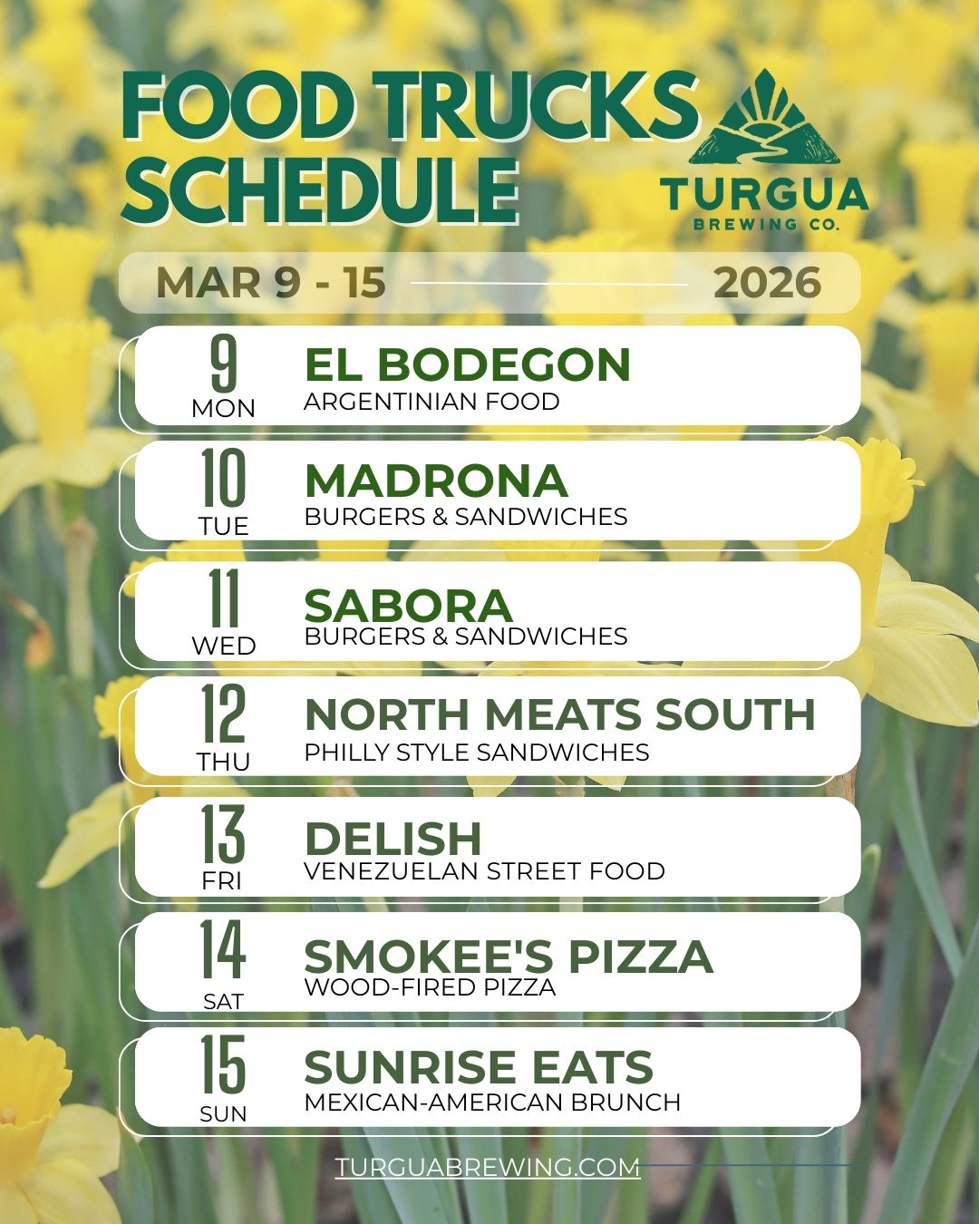 TURGUA FOOD TRUCK SCHEDULE MAR 9 – MAR 15, 2026
