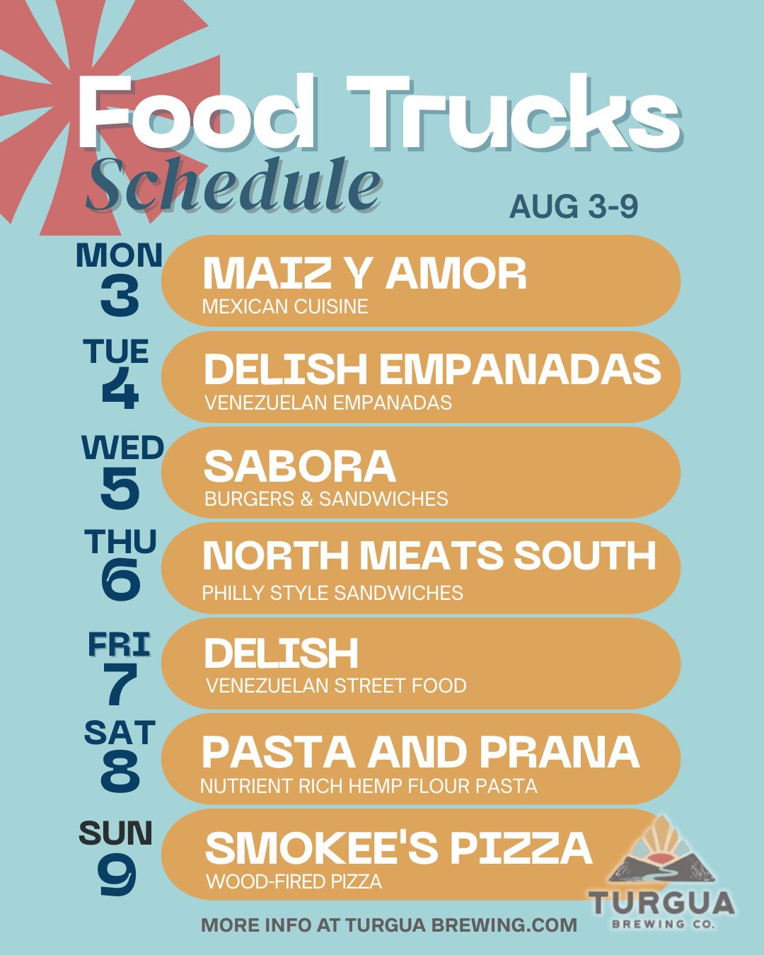 TURGUA FOOD TRUCK SCHEDULE AUG 3 – AUG 9, 2026