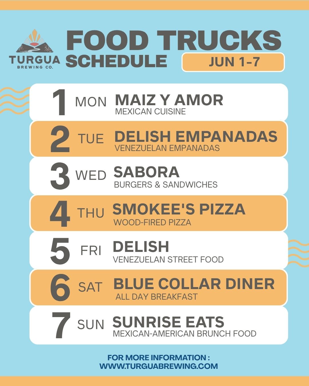 TURGUA FOOD TRUCK SCHEDULE JUN 1 – JUN 7, 2026