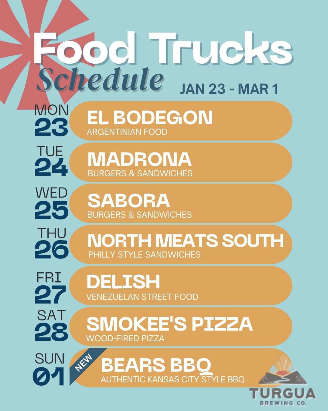 TURGUA FOOD TRUCK SCHEDULE FEB 23 – MAR 1, 2026