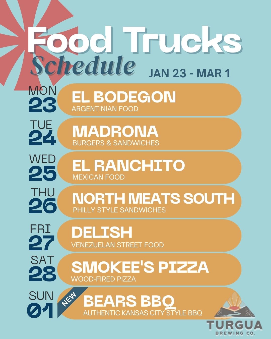 TURGUA FOOD TRUCK SCHEDULE FEB 23 – MAR 1, 2026