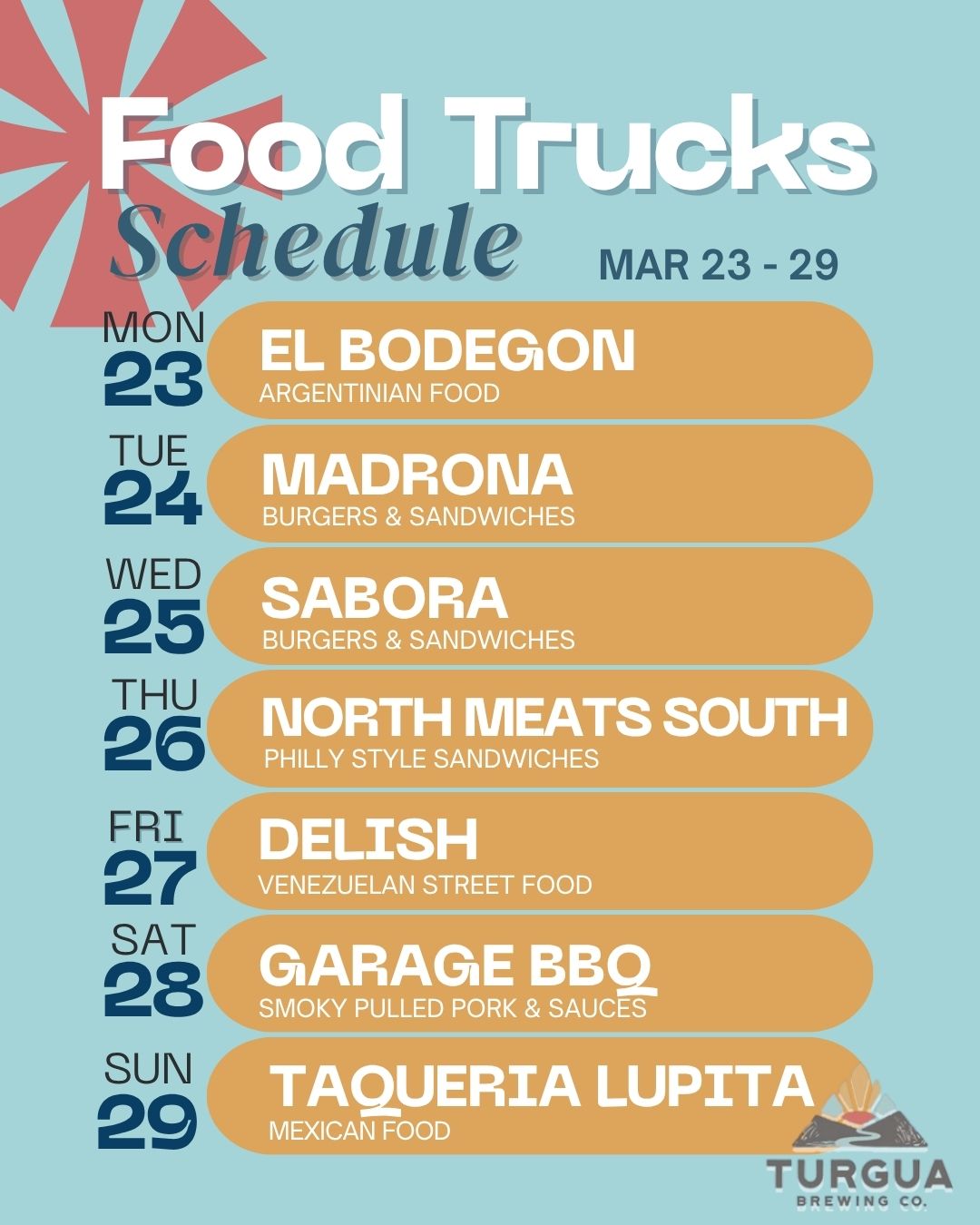 TURGUA FOOD TRUCK SCHEDULE MAR 23 – MAR 29, 2026