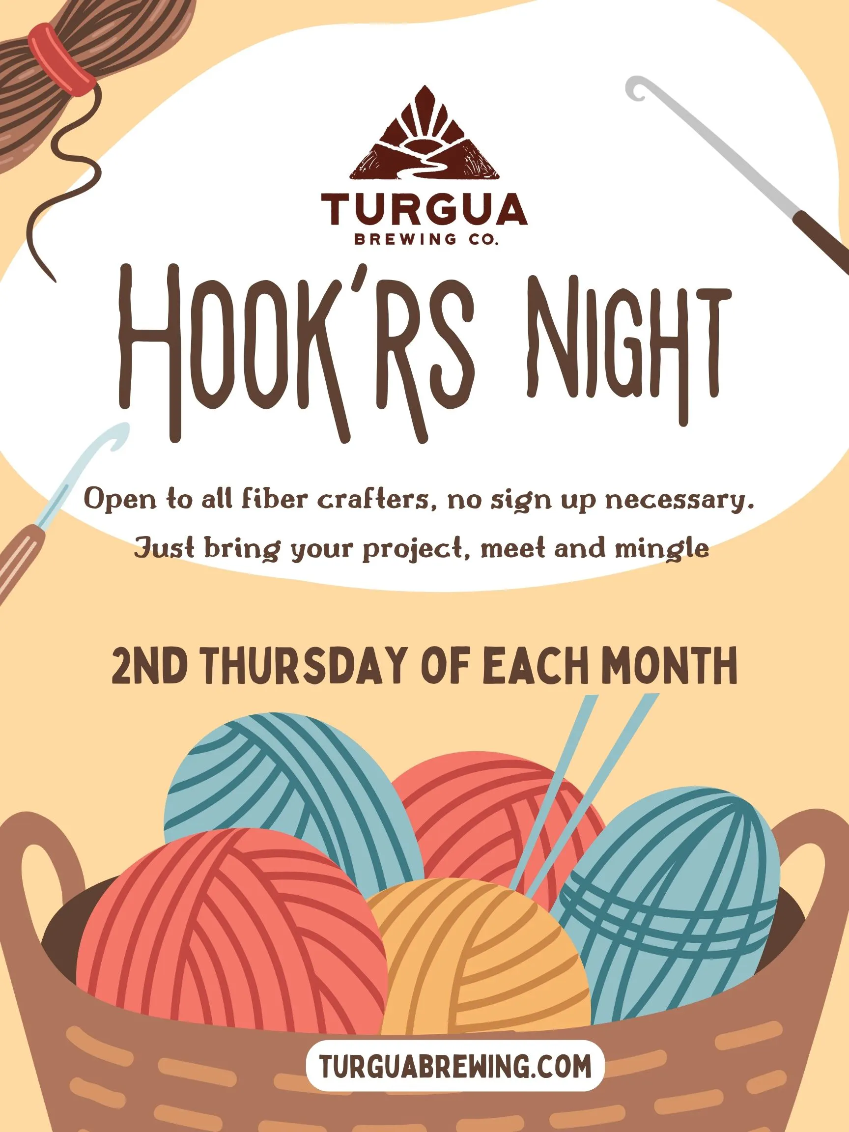 Poster for Hook’rs Night fiber craft meetup • 5PM