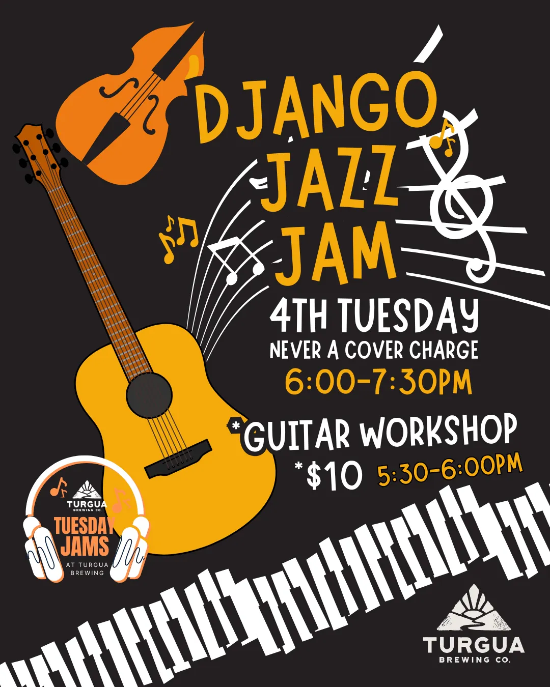 Poster for Tuesday JAMS: Django Jazz Jam + Guitar Workshop