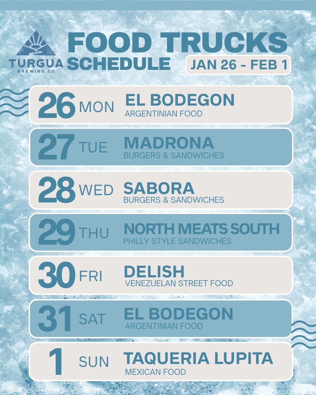 TURGUA FOOD TRUCK SCHEDULE JAN 26 – FEB 1, 2026