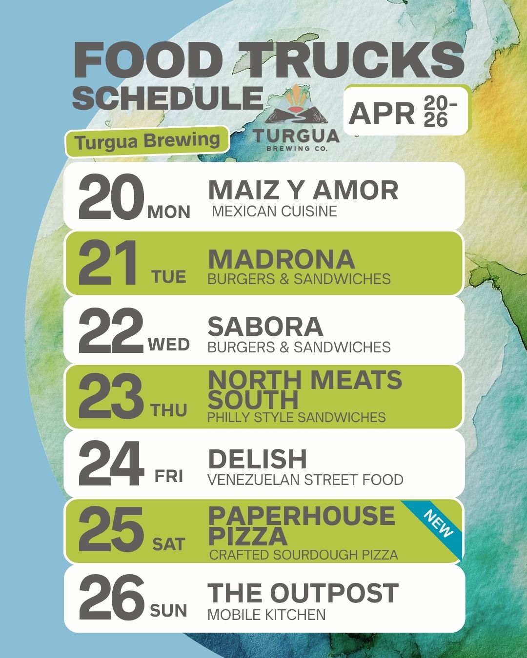 TURGUA FOOD TRUCK SCHEDULE APR 20 – APR 26, 2026