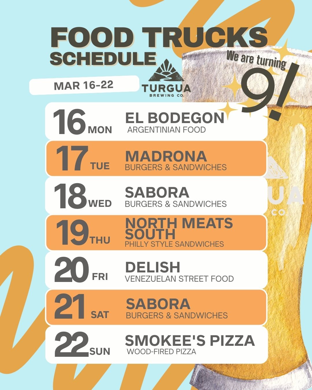 TURGUA FOOD TRUCK SCHEDULE MAR 9 – MAR 15, 2026