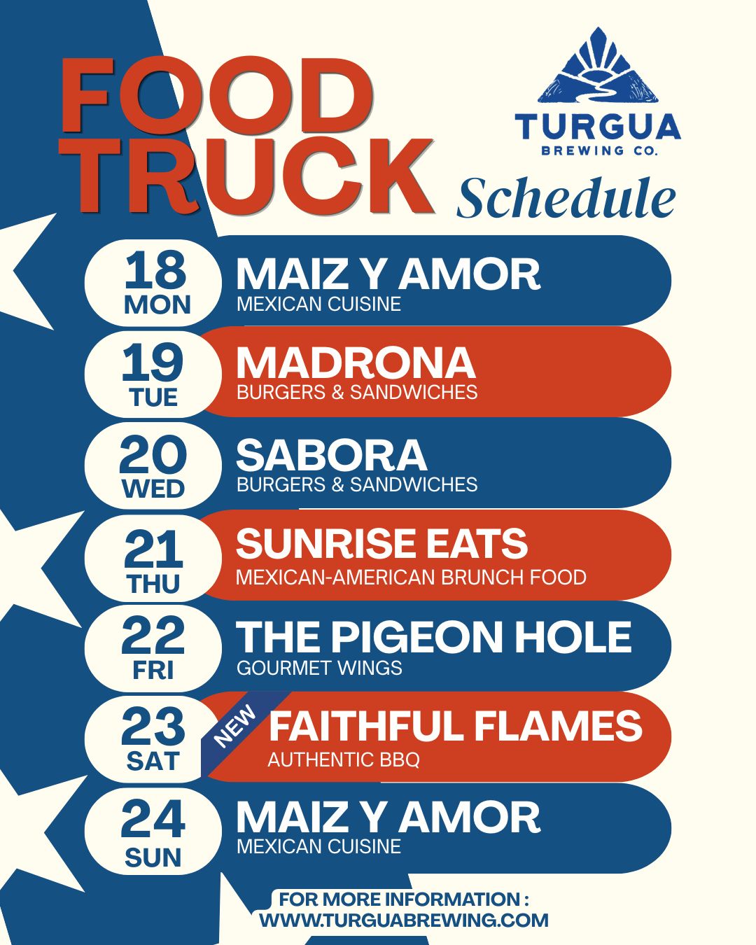 TURGUA FOOD TRUCK SCHEDULE MAY 18 – MAY 24, 2026