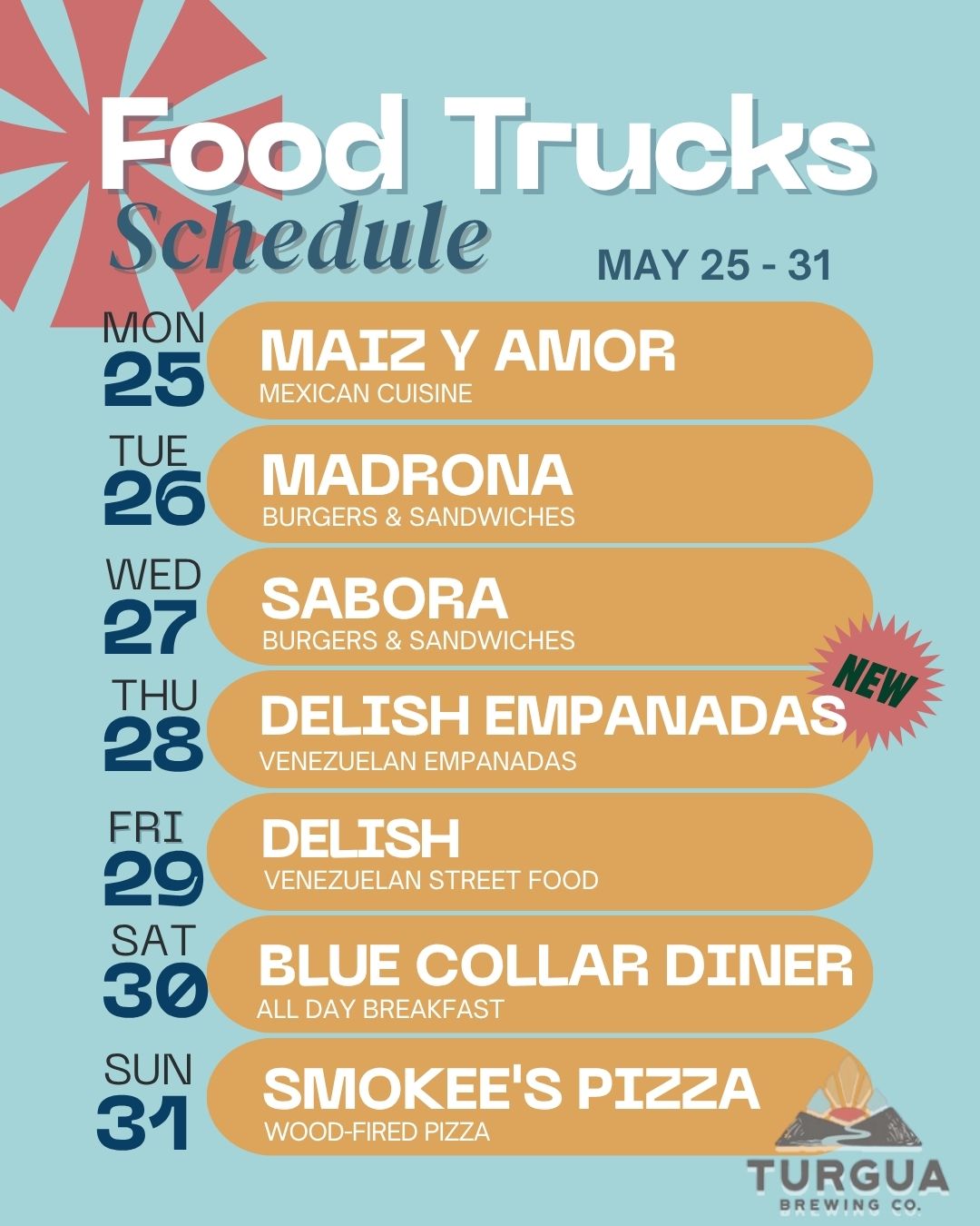 TURGUA FOOD TRUCK SCHEDULE MAY 25 – MAY 31, 2026