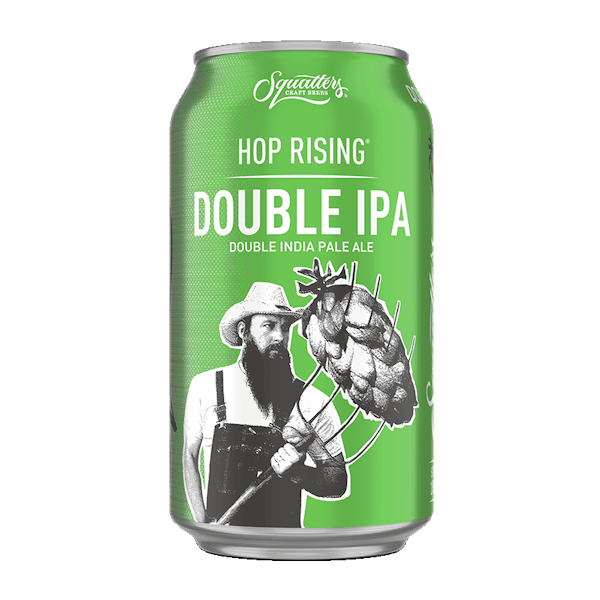 Hop-Rising A 12 oz can of Squatters Hop Rising Tropical Double IPA with vibrant tropical colors.