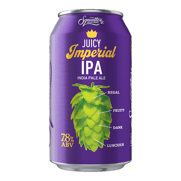 Juciy-Imperial-IPA Squatters Juicy Imperial IPA in a 12 oz can with deep purple artwork.