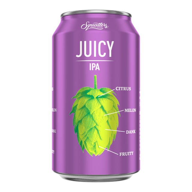 Purple 12 oz can of Squatters Juicy IPA with a lime-green hop illustration labeled citrus, melon, dank, and fruity.
