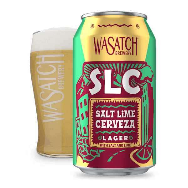 Wasatch Brewery's Salt Lime Cerveza Lager Can in front of a Glass that has Wasatch's logo on the side that is full of a light straw beer