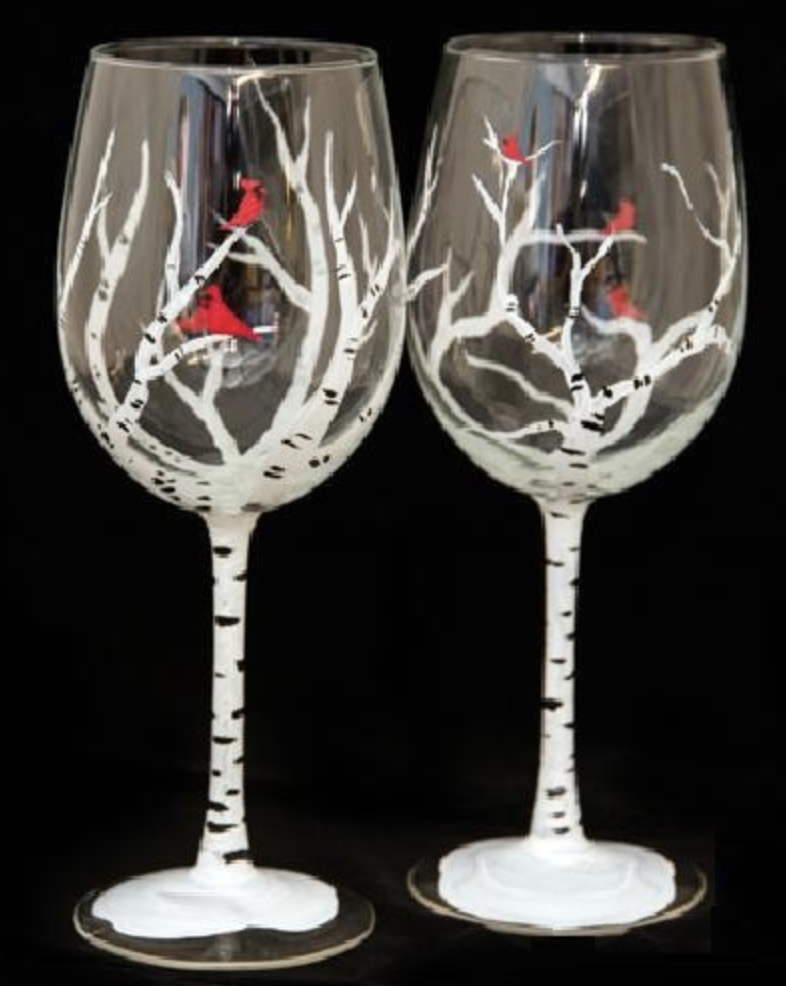 Wine Glasses Painted With Tress and Birds
