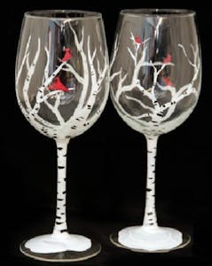 Wine Glasses Painted With Tress and Birds