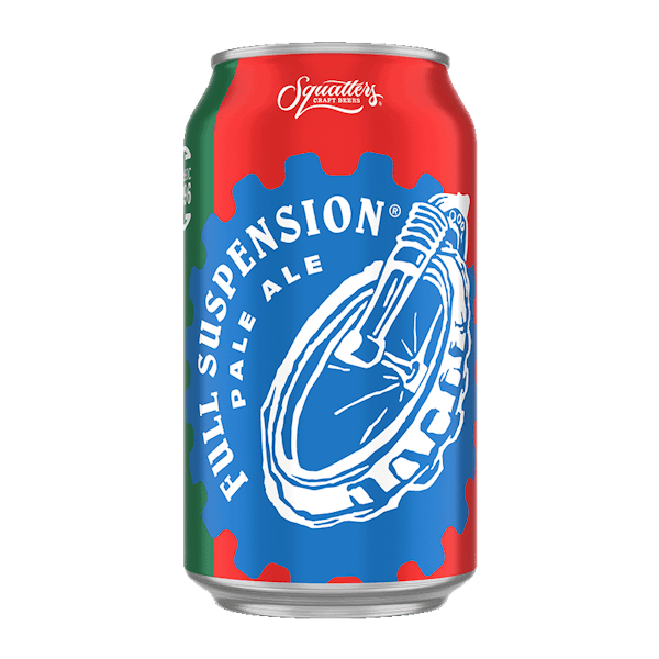 full-suspension A can of Squatters Full Suspension Pale Ale with red and blue color scheme.