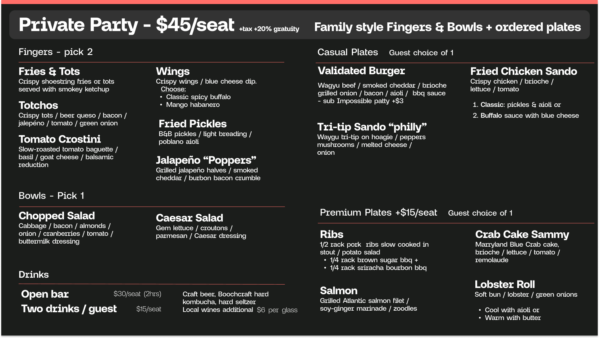 Dinner menu showing options for a private event - email for more details