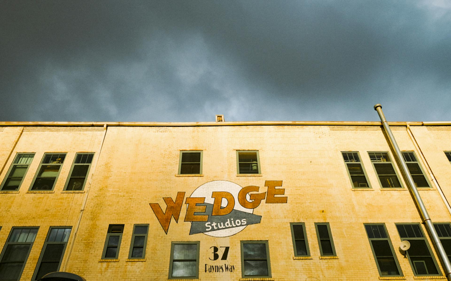 The front of the Wedge Studios taproom on a cloudy day