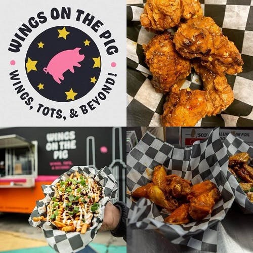 wings on the pig collage with their logo and pictures of food